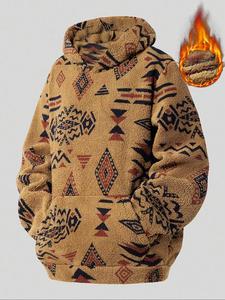 Men's Ethnic Pattern Plush Hoodie, Casual Fashion Long Sleeve Hooded Sweatshirt for Daily Outdoor Wear, Men Clothes for Fall & Winter