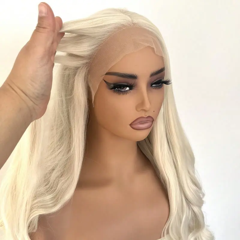Natural Hairline Women Party Daily Wear Long Wavy Bleach Blonde Soft Glue Less Wig Synthetic Hair Layered Pre Plucked 13X4 Inch Large Area Lace Frontal Wigs 1