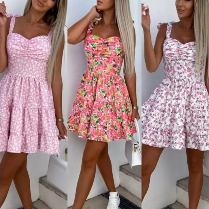 Summer Fashion Flower Print Waist Pleated Dress For Women Y2k Casual Vacation Beach Sundress Spaghetti Strap Mini Dress Female
