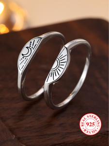 S925 Sterling Silver Unisex Cute Moon & Sun Design Rings, 2 Counts/set Vintage Trendy Promise Rings for Couple, Fashionable Jewelry for Women & Men As Gift, Valentine's Day, Gift