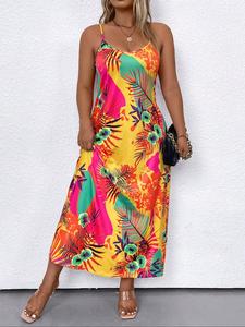 【Plus Size】 All Over Print Cami Dress, Boho Sleeveless Spaghetti Strap Long Dress for Beach Holiday Vacation, Women's Clothes for Summer, Womenswear