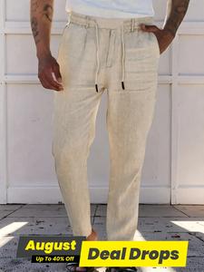 Men's Solid Color Linen Pants, Modest Regular Fit Casual Comfy Chic Breathable Trousers for Summer Beach Vacation Holiday, Chic Men's Bottoms for All Seasons, Menswear, Lightweight Pants, Casual Basic Trousers, Beachwear, Casual Outdoor Trouser