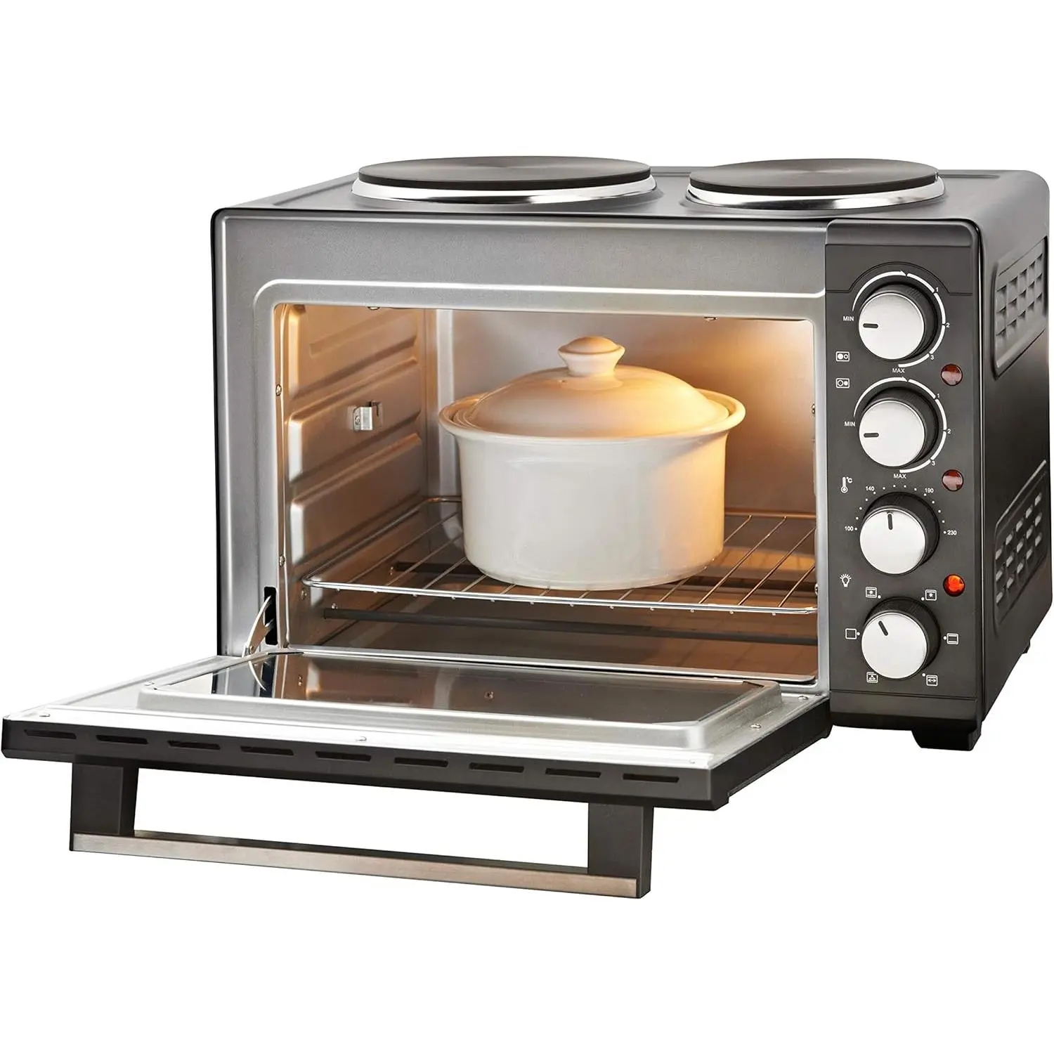 Quest 35379 26L Twin Hob Countertop Rotisserie and Convection Mini Oven/Adjustable Temperature/Accessories Included / 60 Mins Timer & Auto Shut Off with Bell