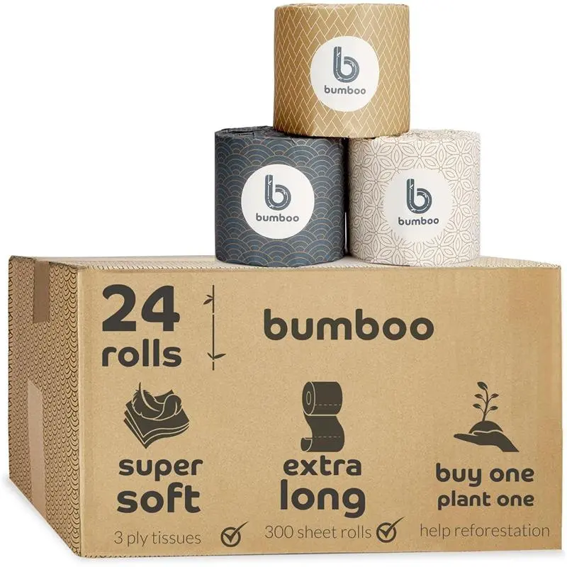 Bumboo Toilet Roll 24 Pack - 3 ply, 300 Sheets - Bamboo and Tree Fibres - Plastic-Free, Soft, Strong, Eco-Friendly & Biodegradable Toilet Tissue - Wipes Wipes