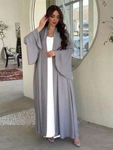 Women's Solid Flounce Sleeve Open Front Abaya, Modest Long Sleeve Arabic Robe, Modest Eid Clothes for Daily Wear