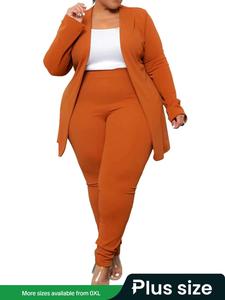 Plus Solid Long Sleeve Coat & Elastic Waist Pants Set without Tee, Business Formal Open Front Outerwear & High Waist Trousers Suits for Work Office, Fall outfit