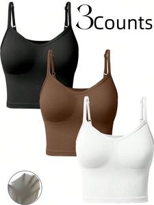 Women's 3-Piece Solid Color Adjustable Strap Seamless Sports Tank Top, Breathable Activewear for Indoor and Outdoor Use, Comfortable Tight-Fitting Gym Clothing, Breathable Workout Tops