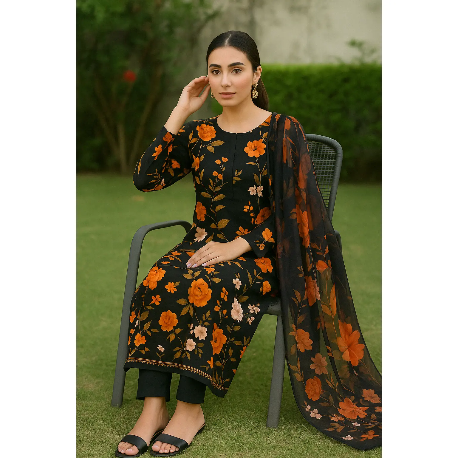 Linen 3pc Black and orange floral printed