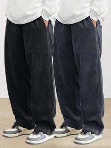 Men's Solid Pocket Drawstring Waist Corduroy Pants, Loose Casual Comfy Straight Leg Trousers for Fall & Winter, Men's Bottoms for Daily Wear