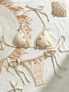 Two-piece Set Women's Plain Shell Decor Self-tie Bikini Set, Halter Triangle Swim Bra & Tie Side Swim Panty Set, Sexy Fashion Swimsuit Set for Beach Holiday Vacation, Bikini Outfits, Bikinis Sets, Bikini Swimsuits