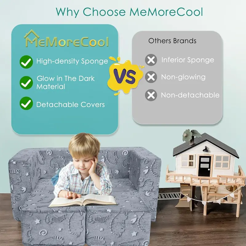 MeMoreCool Kids Sofa Bed, Modular Toddler Chair Couch, Glow in The Dark Baby Mini Couch Lounger Fold Out, Kids Bedroom Furniture for Playroom, Grey Dinosaur 3