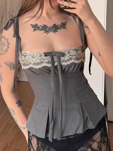 Women's Contrast Lace Bow Decor Tie Shoulder Plicated Cami Top, Y2K Casual Sleeveless Spaghetti Strap Top for Spring & Fall, Women's Clothing for Daily Wear Valentine's Day, gift