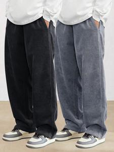Men's Solid Pocket Drawstring Waist Corduroy Pants, Loose Casual Comfy Straight Leg Trousers for Fall & Winter, Men's Bottoms for Daily Wear