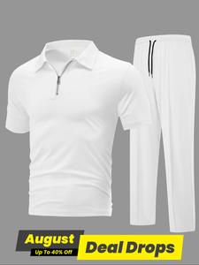 Men's Solid Color Half Zip Up Polo Shirt & Drawstring Waist Pants Two-Piece Set, Regular Fit Casual Comfy Short Sleeve Top & Slant Pocket Design Trousers, Plain Men's Matching Summer Clothes for Daily Wear, Polyester Clothes