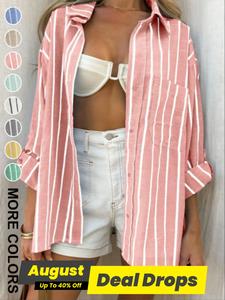 Women's Casual Striped Patchwork Long Sleeve Shirt, Loose-Fit Woven Fabric, Perfect for Spring & Summer Daily Wear