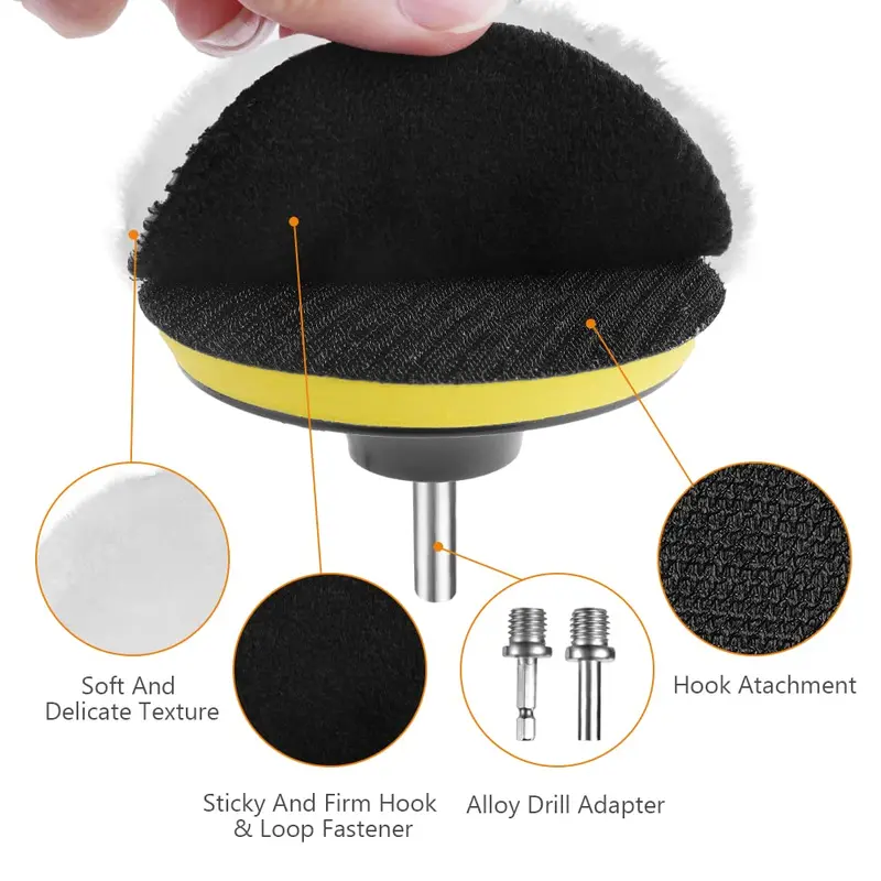 Car Polishing Pads for Drill, 8 Pack Professional Wool Polishing Pads, Car Buffer Polisher Kit with M10 Drill Adapter and Hex Shank Bit Adapter, for Car Furniture Polishing Waxing (100mm) 2
