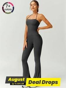 Women's Solid Color Flare Leg Sports Jumpsuit, Casual Comfy Breathable Jumpsuit for Yoga Gym Workout, Ladies Sportswear for Summer, Sporty Jumpsuit, Workout Gym Clothing