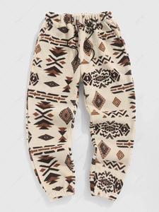 Men's Ethnic Pattern Pocket Design Jacquard Fuzzy Sweatpants, Thick Thermal Warm Loose Casual Comfy Jogger Pants for Fall & Winter, Men's Trousers for Daily Wear