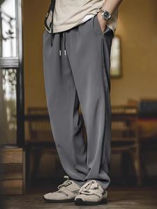 Men's Solid Color Ice Silk Pants, Loose Casual Comfy Breathable Straight Leg Trousers for Summer, Men's Bottoms for Daily Wear, Beige