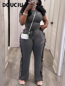 DOUCIU Women's Letter Embroidery Fringe Trim Sweatpants Set, Casual Street Short Sleeve T-shirt & Tie Front Trousers for Daily Wear, Ladies Summer  Clothes