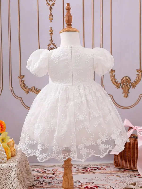 Baby Girl Sweet Embroidered Mesh Dress With Bowknot Decoration And Bubble Sleeves, Summer 1