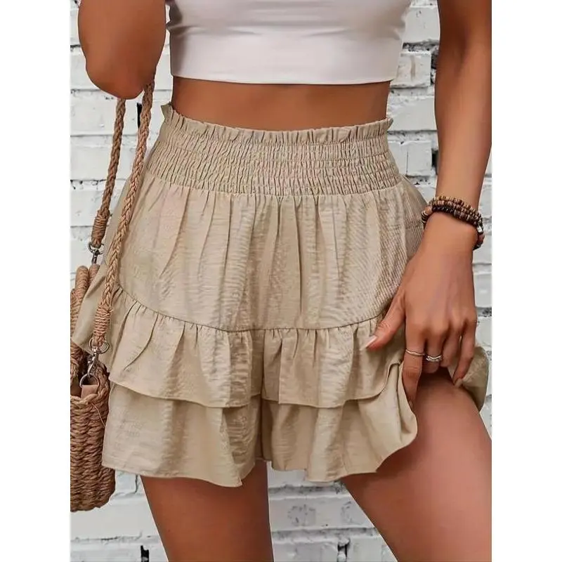 Women's Frill Trim Ruffle Hem Shirred High Waist Shorts, Boho Casual Tiered Layer Shorts for Spring & Summer, Summer Shorts for Women, Back To School, Ladies Elegance Minimalist Shorts, Wide Leg Shorts for Women, Ruffle Shorts