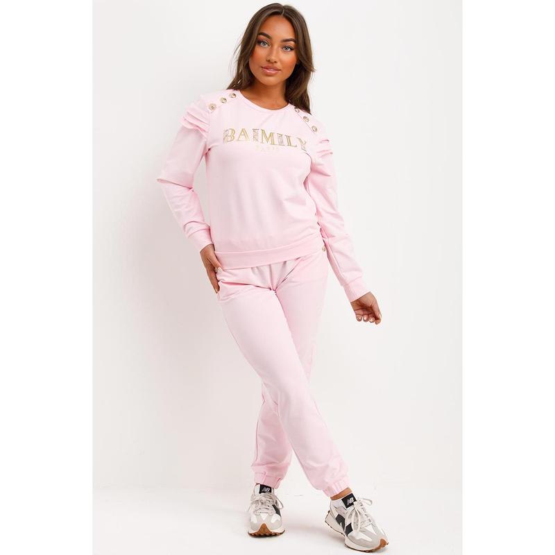 Gold Button Frill Shoulder Loungewear Set Pink 3