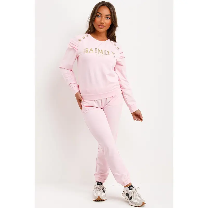 Gold Button Frill Shoulder Loungewear Set Pink 3
