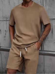 Men's Solid Color Short Sleeve Tee & Drawstring Waist Shorts Set, Regular Fit Casual Comfy Round Neck T-shirt & Pocket Track Shorts, Men's Summer Clothes