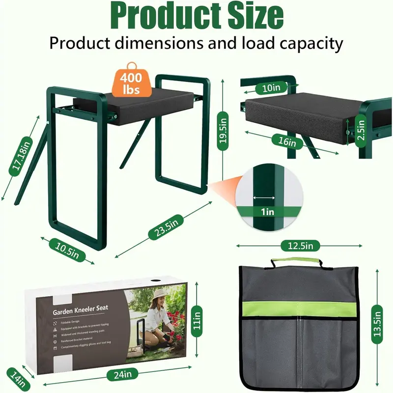 seasky Foldable Garden Kneeling and Seat,Anti-Tipping Garden Stool Widened Thick Soft Kneeling Pad, Heavy Duty Gardening Stool with Garden Tool Bag,Gardening Gift (Deep Green) 2