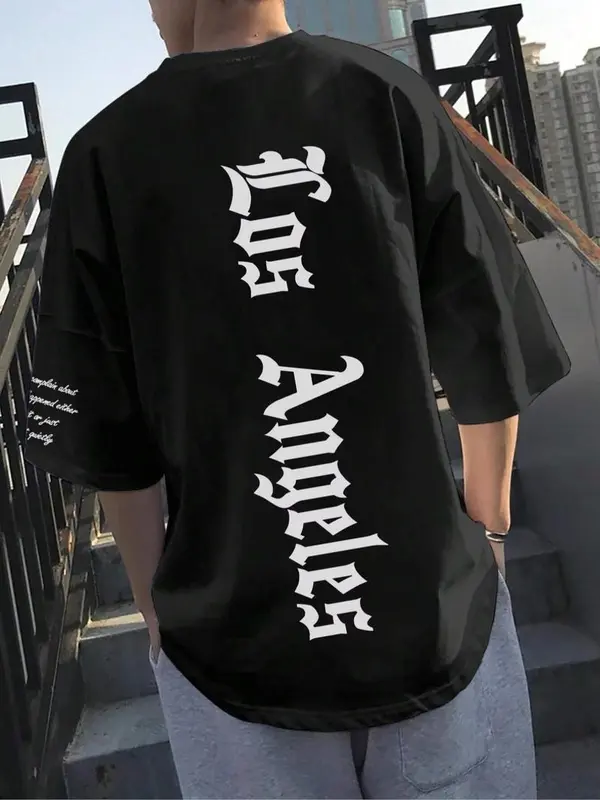 Men's Letter Print Drop Shoulder Tee, Regular Fit Casual Comfy Half Sleeve Round Neck T-Shirt for Summer, Men's Top for Daily Wear 8