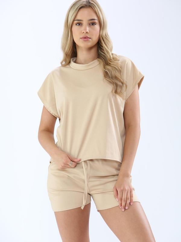 Ladies 2 Piece Top & Short Co-Ord Sets Women Short Sleeve Boxy Loungewear Joggers Tracksuits Girls Lounge Wear Suit Casual Plain Pockets Crew Neck Activewear Loungesuit 2Pcs 6