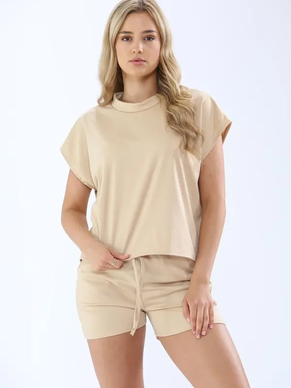 Ladies 2 Piece Top & Short Co-Ord Sets Women Short Sleeve Boxy Loungewear Joggers Tracksuits Girls Lounge Wear Suit Casual Plain Pockets Crew Neck Activewear Loungesuit 2Pcs 6