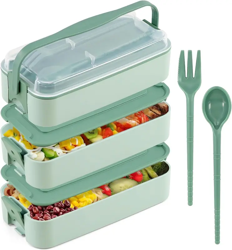 3 Layer BPA Free Lunch Box with Compartments Spoon Fork Bento 0