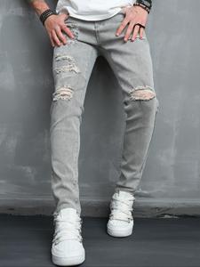 Men's Regular Fit Solid Color Ripped Jeans, Casual Comfy Denim Pants for Daily Wear, Fashion Men's Bottoms for All Seasons, Cotton