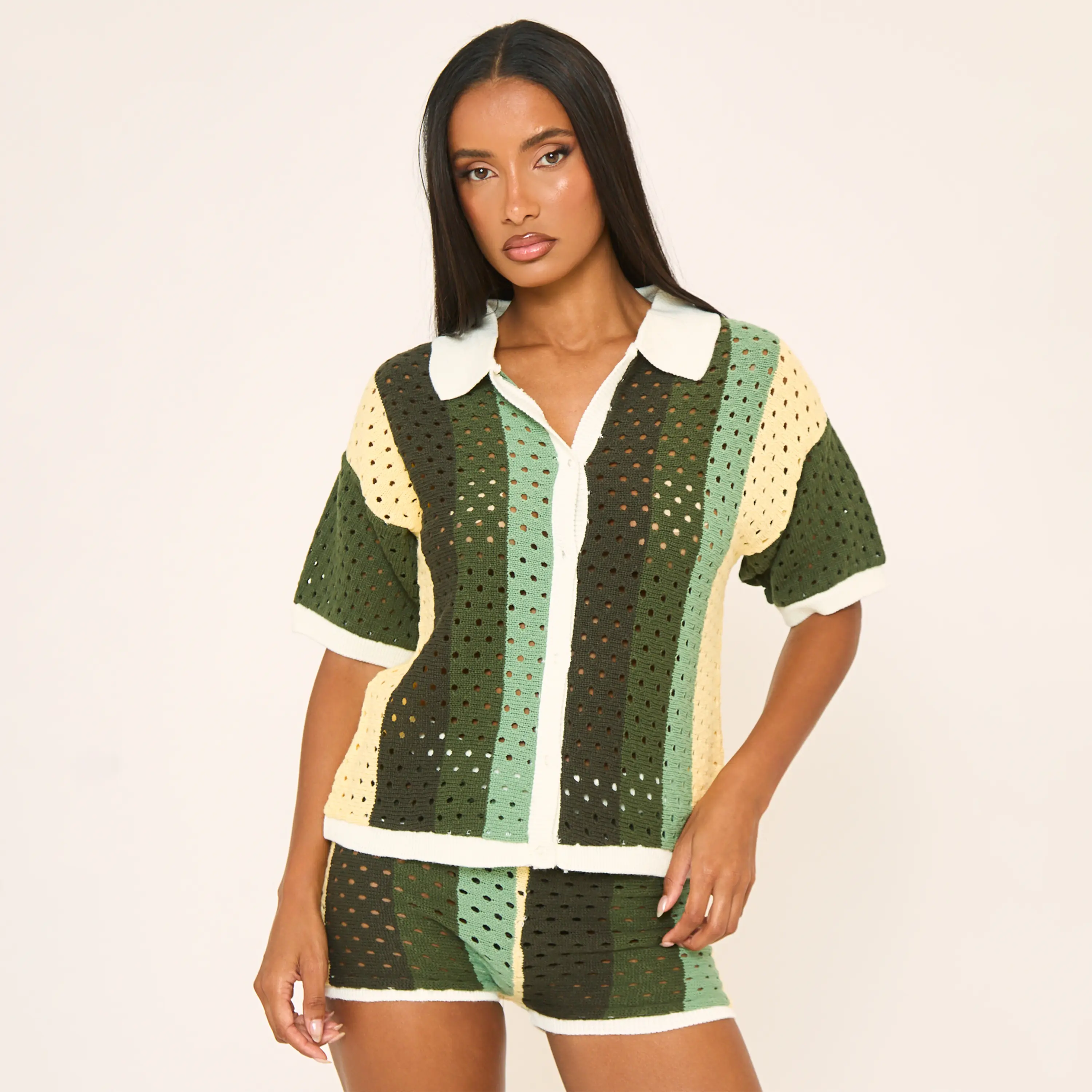 Short Sleeve Striped Shirt In Green Multi Crochet Knit