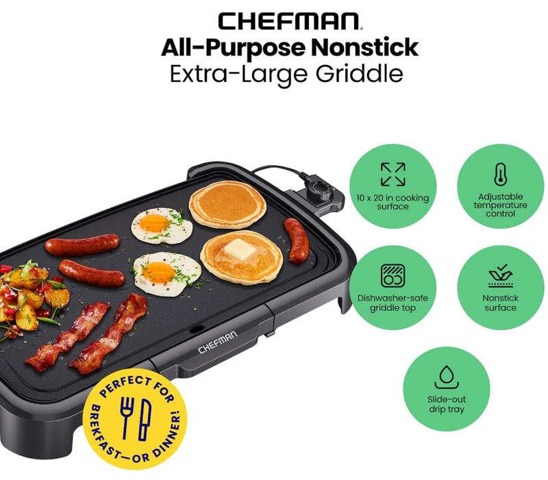 Chefman XL Electric Grill Pan with Detachable Temperature Control, Dipable Flat Grill, Hamburger Grill, Egg Grill, Pancake Grill, Large Non-Stick Cooking Surface, Slide-Out Drip Tray, 10 x 20 Inches 1