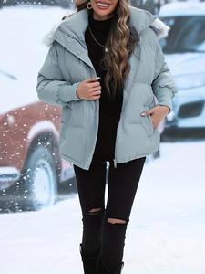 Women's Contrast Faux Fur Trim Drawstring Puffer Coat, Casual Warm Button Front Drop Shoulder Long Sleeve Outerwear for Fall & Winter, Women's Clothes for Daily Wear