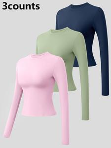 3 Counts Women's Patchwork High Elastic Soft fleece-lined Warm Round Neck Yoga Clothes Long Sleeves Outdoor Walking Riding Shopping Fashion Top  Gym sports training Joker long sleeve