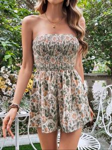 Women's Ditsy Floral Print Tube Romper, Fitted Casual Sleeveless Romper for Summer, Fashion Women's Clothes for Daily Wear, Womenswear