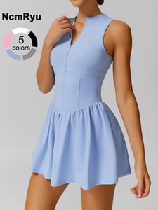 Women's sports one-piece skirt solid color waist sleeveless dress anti-exposure bottoming built-in pocket front zipper design yoga clothes tennis skirt gym sports training four seasons outdoor one-piece skirt Tennis Athletic Dress