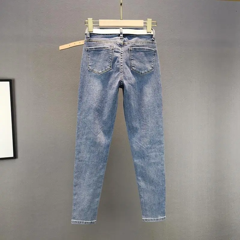 European Station Heavy Industry Rhinestone Skinny Jeans for Women  Spring New Casual High Waist Slimming Cropped Pants ae  jeans  holes 4