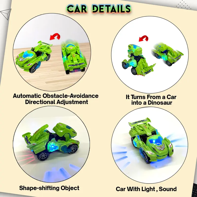 Koolbitz Kids Dinosaur Transforming Car Automatic Transformable Dinosaur Car Toy for Children Electric Dinosaur Car Toy for Toddlers Sound and Flashing Lights Fun Indoor Car Toy 2