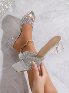 Women's Glitter Elegant Rhinestone Decor Transparent Heeled Sandals, Classy Fancy Sandals, Exquisite Trendy Chunky Heel Sandals, Fashionable Square Toe Sandal Shoes for Daily Wear, Stylish Footwear
