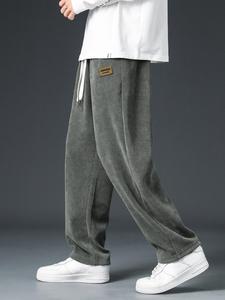 Men's Plain Drawstring Waist Corduroy Pants, Drippy Outfits, Casual Letter Patched Straight Leg Trousers for Outdoor, National Day Clothing, Going Out Outfit