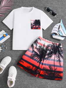 Two-Piece Set Random Palm Tree Print Short Sleeve Tee & Shorts Set, Casual Round Neck T-shirt & Elastic Waist Shorts, Summer Clothes for Kids