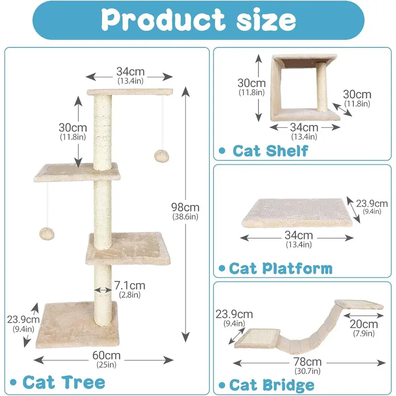 Cat Wall Furniture, 4 in 1 Cat Tree Tower Scratching Posts, Indoor Cats Climbing Frame with Cats Hammock, Hanging Ball Toy, Kitten Wall Shelves for Indoor - Beige 1