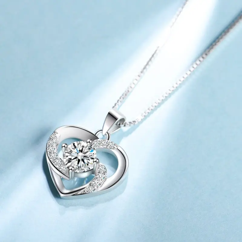 Amour – 925 Sterling Silver Women’s Heart Clear White Necklace and Earrings Set 3