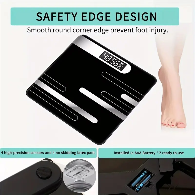 [Precision Digital Weight Scale] 1pc Precision Sleek Black Digital Body Weight Scale - LCD Display Floor-Standing Health Scale, Battery-Powered (36V & Under) for Bathroom Use 5