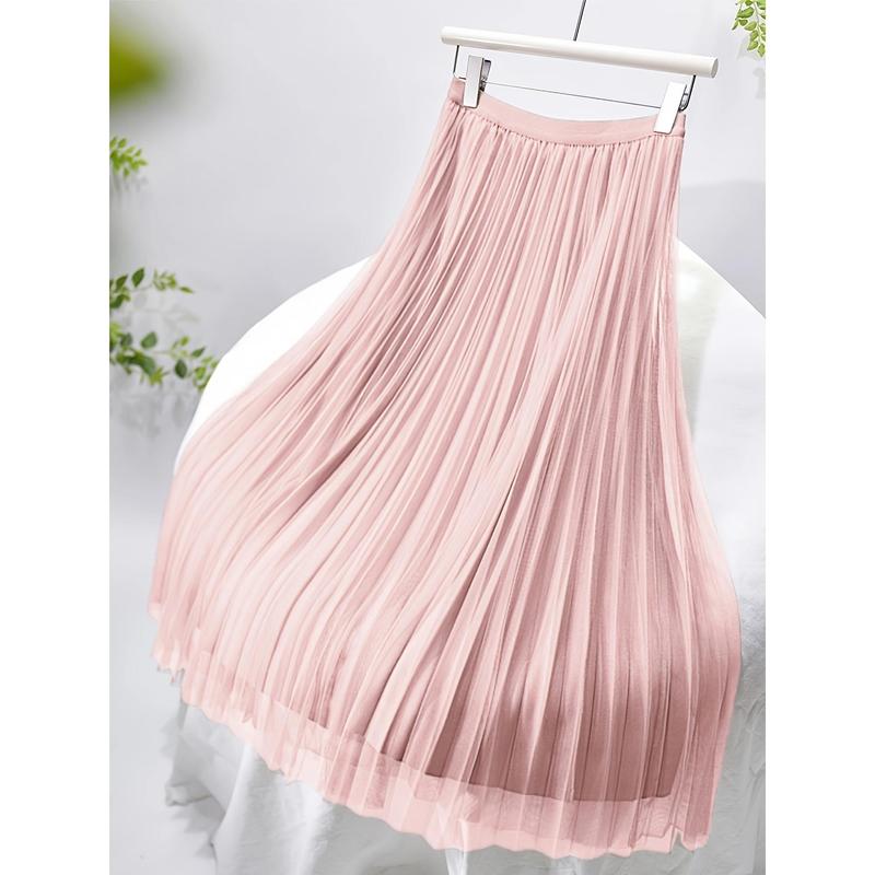 Polly Pocket Skirt Women'S Chic A-Line Pleated Skirt, 100% Polyester Knit Fabric, Solid Color, Elastic Waist, All-Season, Breathable Mesh Lining, 24g/m² - Elegant Midi Skirt 1